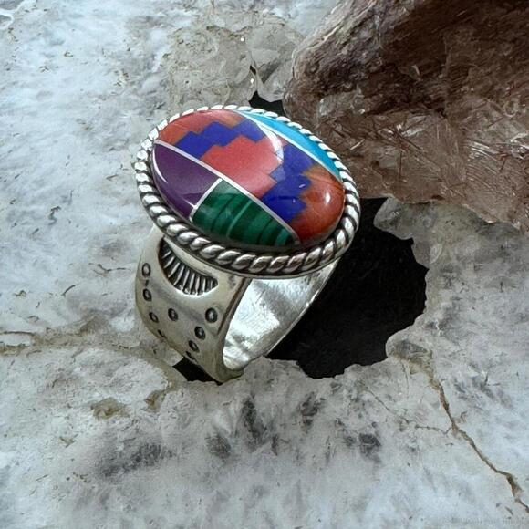 Carolyn Pollack Sterling Silver Oval Multistone Inlay Rug Design Ring Size 7.5 - Picture 3 of 10